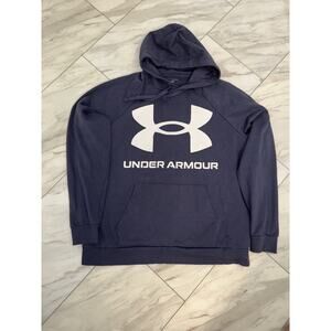 Under Armour Hoodie Navy Blue Men's Size XL White Big Logo Pullover Sweatshirt